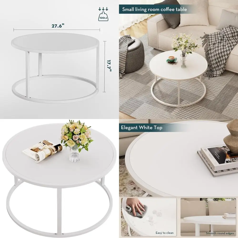 

Compact White Coffee Table for Living Room and Home Office, Modern Design for Small Spaces, 27.6 x 27.6 x 17.7