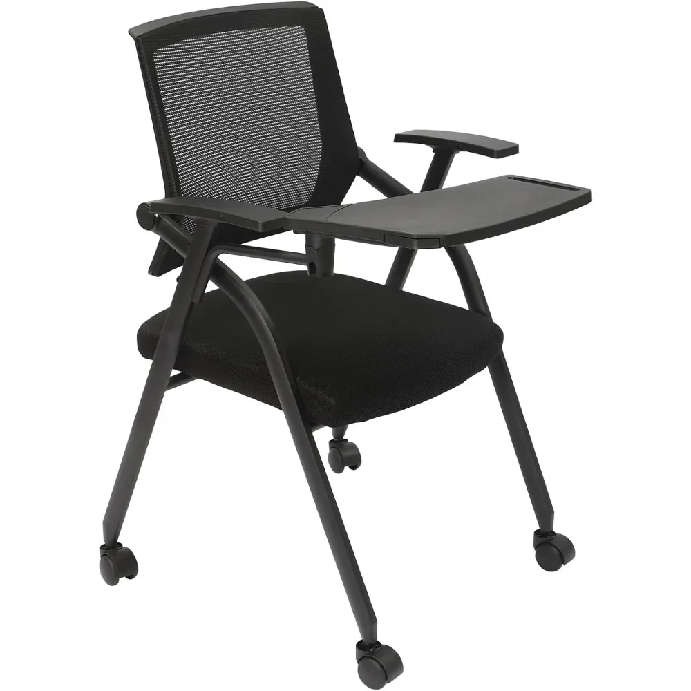 Folding Office Chair with Tablet and Casters, Mesh Reception Chair with Armrests for Office School Training, Black Rolling Chair