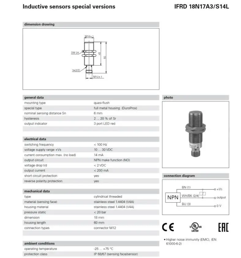 Inductive Proximity Switch IFRD 18P17A3/S14L Switch Sensor