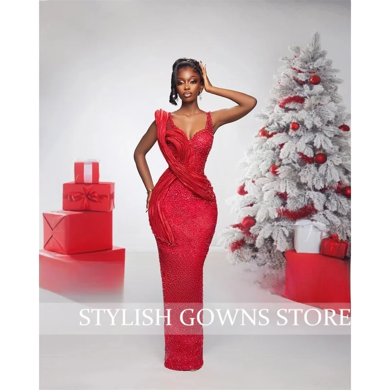Nowe Czerwone Suknie Wieczorowe Aso Ebi Luksusowe 2025 Koraliki Kryształy Syreni Krój Sukienka Koktajlowa Afrykańska Suknia Ślubna na Przyjęcie Weselne Szyta na Miarę