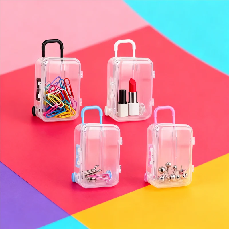 

Portable Mini Suitcase Storage Box, Cute Transparent Travel Luggage Container for Jewelry Cosmetic Small Gadgets Doll Decoration