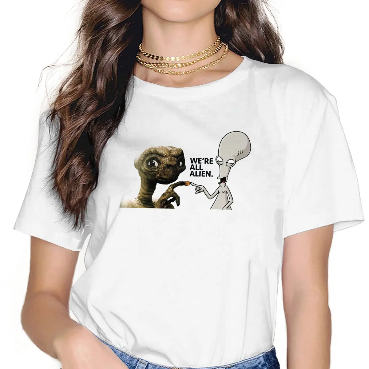 ET AND ROGER ALIEN LOVE The Americans Roger Alien Cartoon Women T Shirt Fibre Fashion O-Neck Polyester TShirt