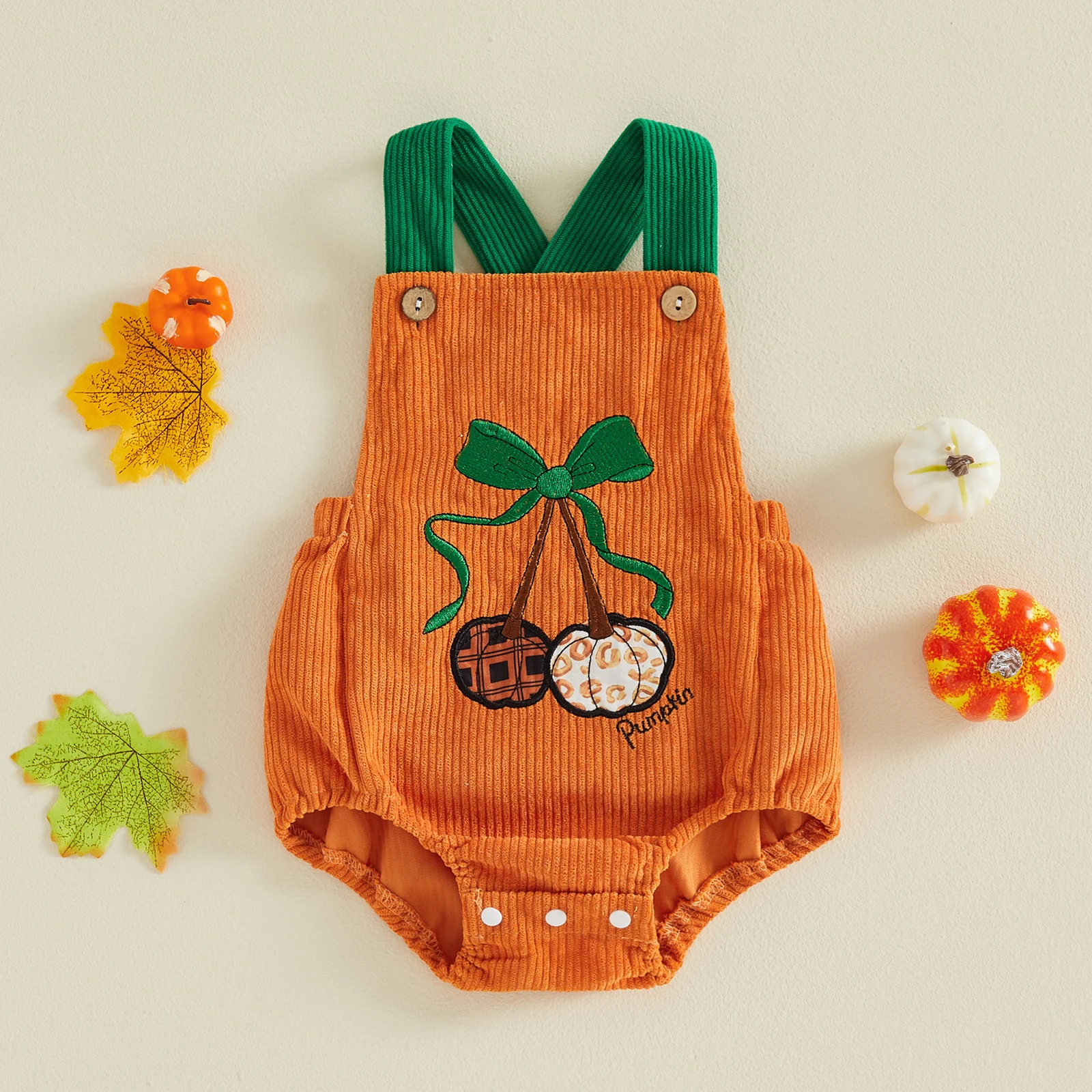0-18M Newborn Baby Halloween Corduroy Romper Overalls Bow Embroidery Sleeveless Square Neck Bodysuit for Infant Boy Girl