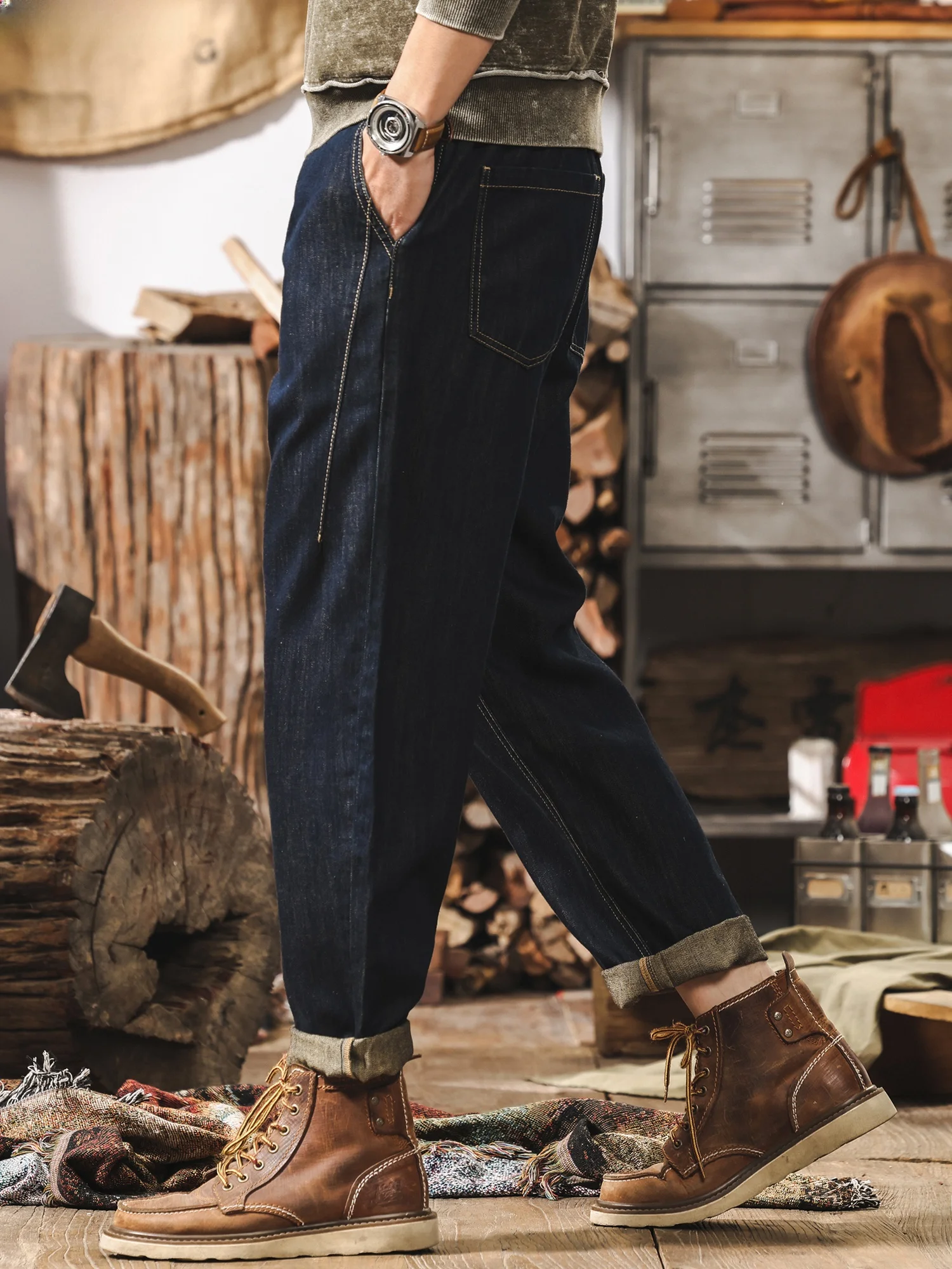 

Мужские весенне-осенние льняные свободные винтажные джинсовые повседневные брюки с завышенной талией, прочные прямые джинсы, удобные дышащие хлопковые брюки