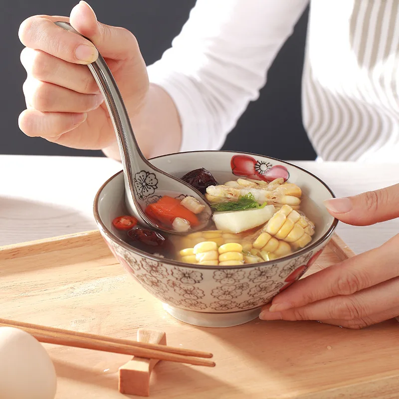 Soup Spoons Japanese Ceramic Kitchen Tableware Long-Handled Spoon Creative Retro Flower Print  Household Tableware Set Spoon