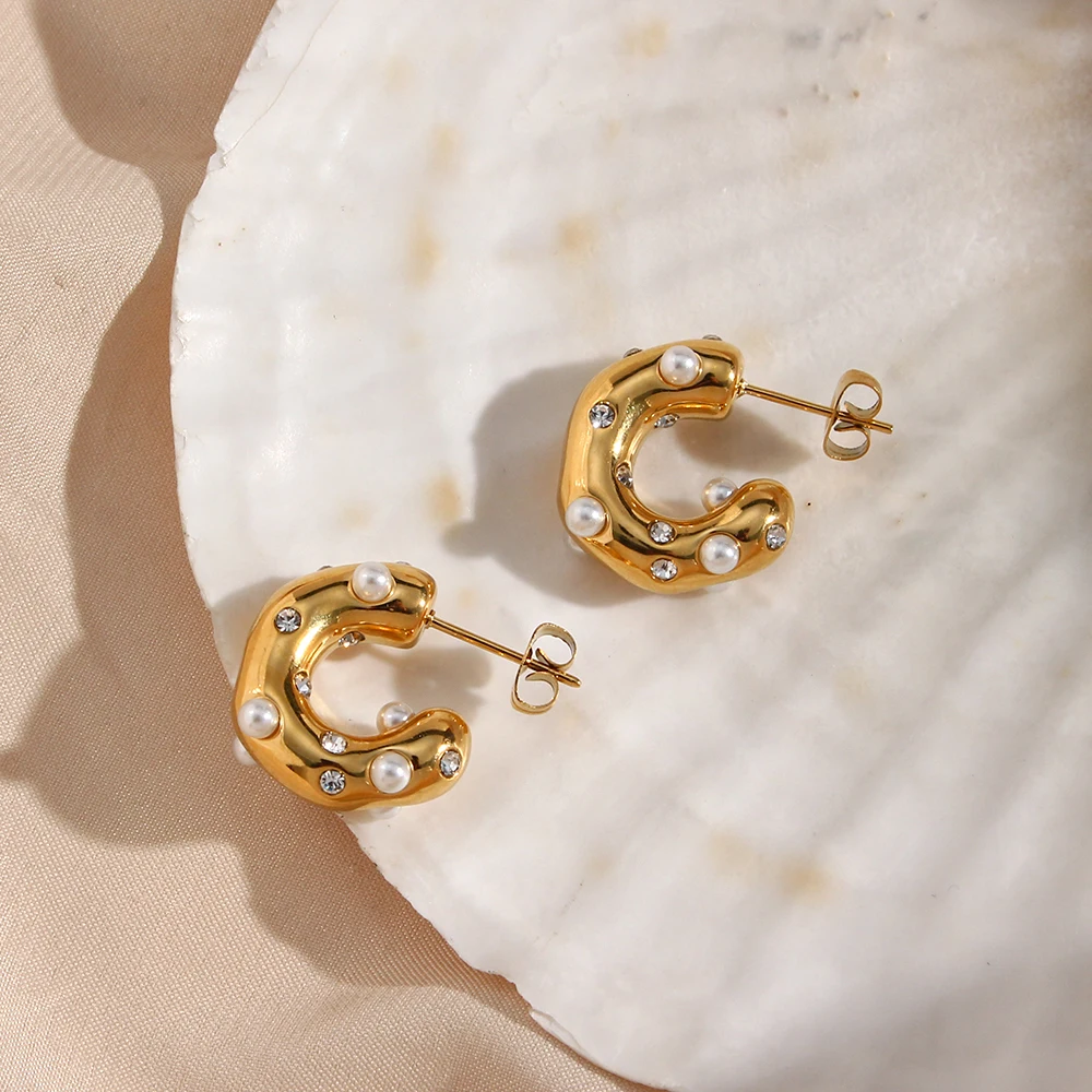 E.B.belle Chunky Stainless Steel Gold Plated Earrings For Women Irregular Pearl Zircon Paved Thick Statement Earring Jewelry
