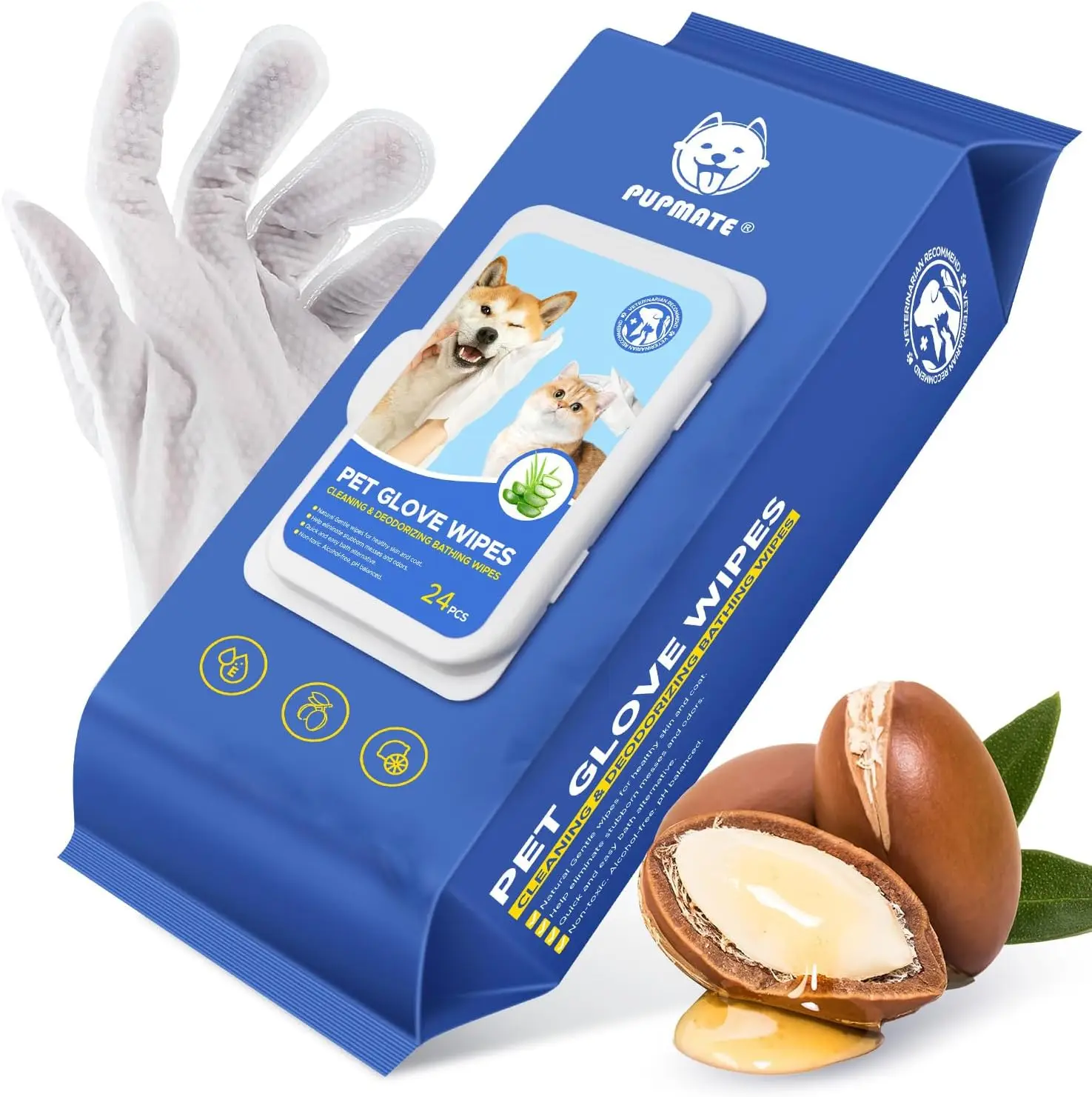 

Pet Cleaning Glove Wipes for Dogs & Cats, Hypoallergenic Deodorizing Disposable Bathing Wipes, No-Rinse Grooming Wipes, Extra Thick, Perfect for Pet Dry Cleaning, Daily Care and Travel, 24 pcs