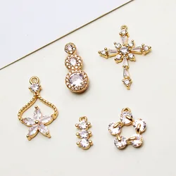 1pcs Copper Gold Plated Micro Inlaid Zircon Circle Flower Cross Necklace Pendant DIY Jewelry Earrings Accessories charms