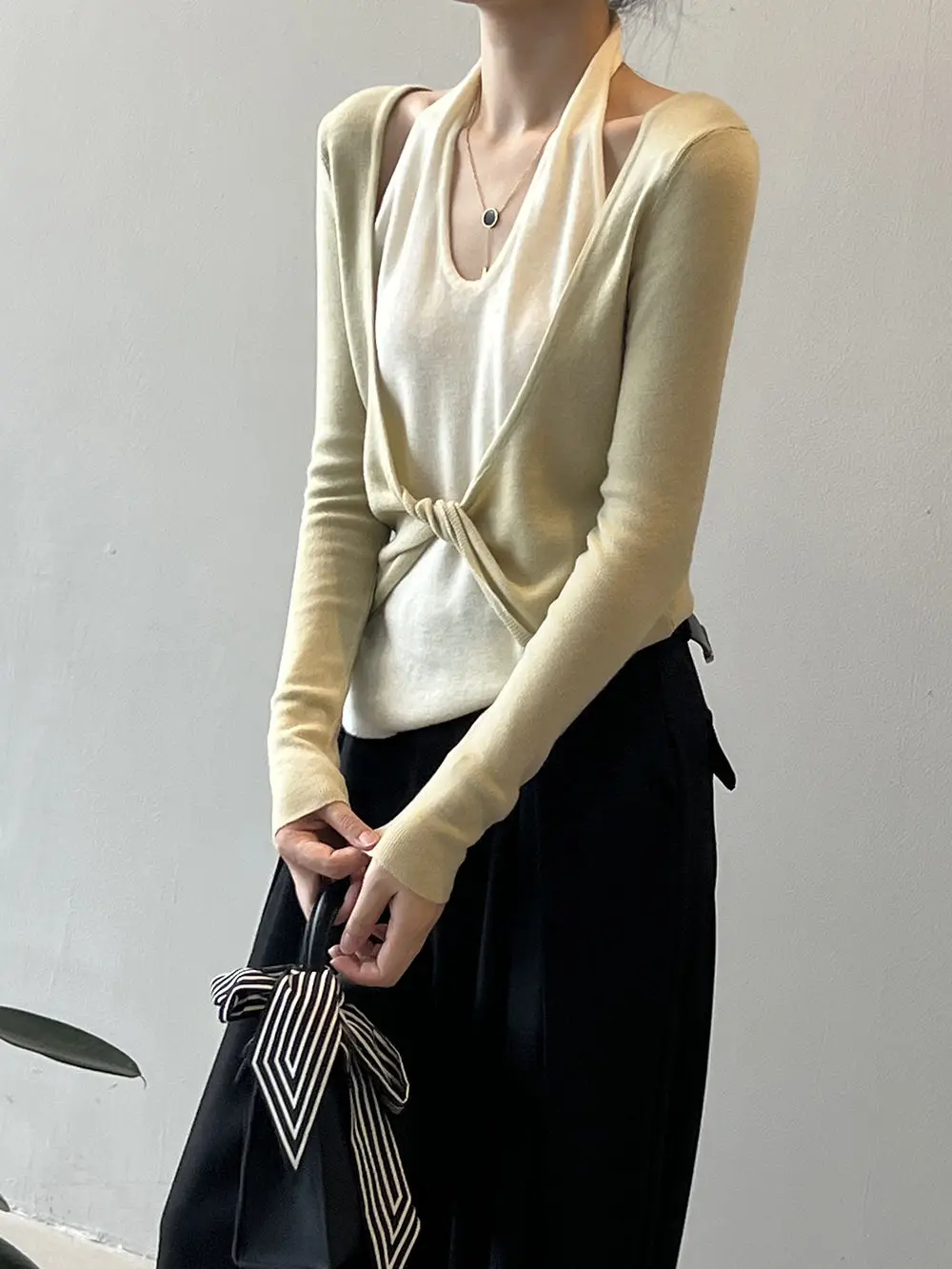 

Long Sleeve Knitwear Shirts Women Korean Fashion Fake 2pcs Patchwork Panelled Knitted Tender Soft All-match Casual Female