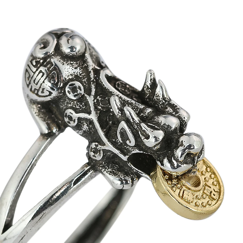 Retro Silvery Feng Shui Pixiu Coin Adjustable Ring Zinc Alloy Jewelry for Wealth Money Blessing Good Luck Money Men's Amulet