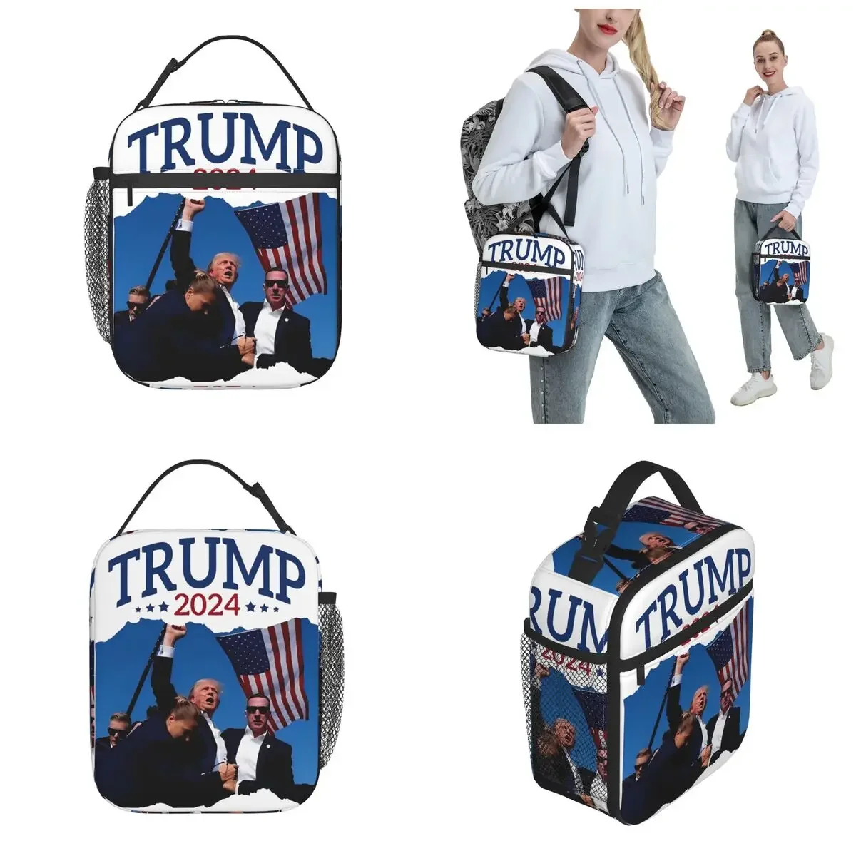 Trump Fight Never Give Up Thermal Insulated Lunch Bags for School Shooting Portable Food Bag Men Women Thermal Cooler Lunch Box