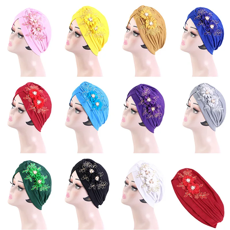 

New Pearls Flower Turban Elegant Muslim Beanie Head Wrap Chemo Cap for Hair Loss Lady Turbante Women Islamic Inner Hijab Caps