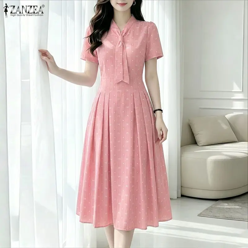 ZANZEA Women Sundress Korean Elegant Dresses Pleated Patchwork Collect Waist V-Neck Vestidos 2026 Casual Loose Robe Femme