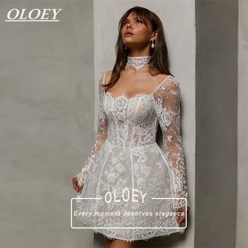 OLOEY Luxury Lace Short Wedding Dresses Long Sleeves Mini Squined Bridal Gowns 2026 Robe De Mariée Customized Lace-up Back
