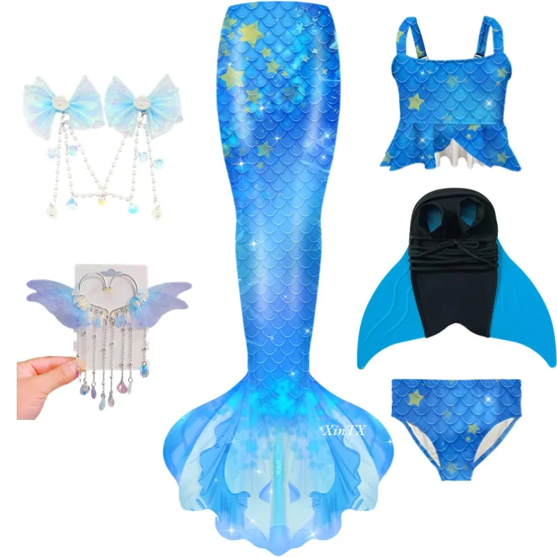 Kids Mermaid Swimming Tail Monofin Cosplay Children Swimsuit Bikini With Beauty Ears Halloween Fins Can Swim