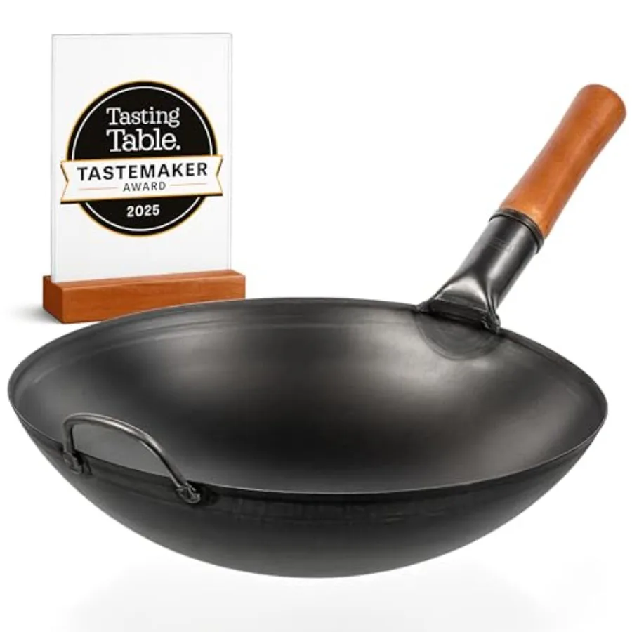 

14" Carbon Steel Wok with Round Bottom Pre-Seasoned Pow Wok for Stir Fry Traditional Chinese Japanese Black Steel Pan Outdoor C