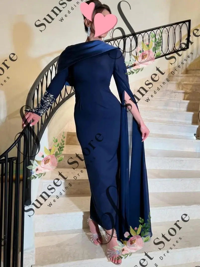 

Customized Navy Blue Mermaid Cocktail Gowns Satin Off the Shoulder Crystal Long Sleeves Evening Gowns Crepe Party Dress2025