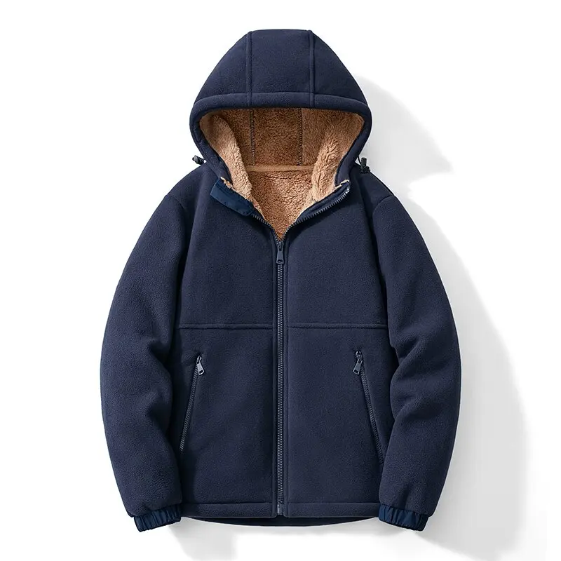 2024 Autumn/Winter New Fashion Solid Color Lamb Wool Hooded Coat Men\'s Casual Loose Thick Warm High Quality Plus-Size Jacket