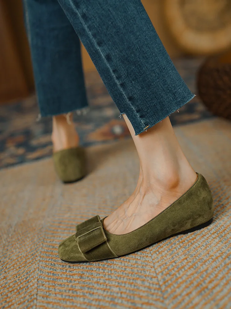 Nature Suede Women Flats New 2023 Spring Autumn Square Toe Ballet Flat Shoes Elegant Green Apricot Casual Appliques Shoes