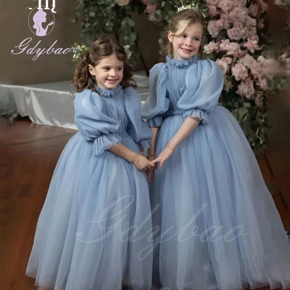 Grey Blue Flower Girl Dress For Wedding Tulle Puffy Pleated High Neck Long Style Kids Birthday Gowns Luxury Princess Dress