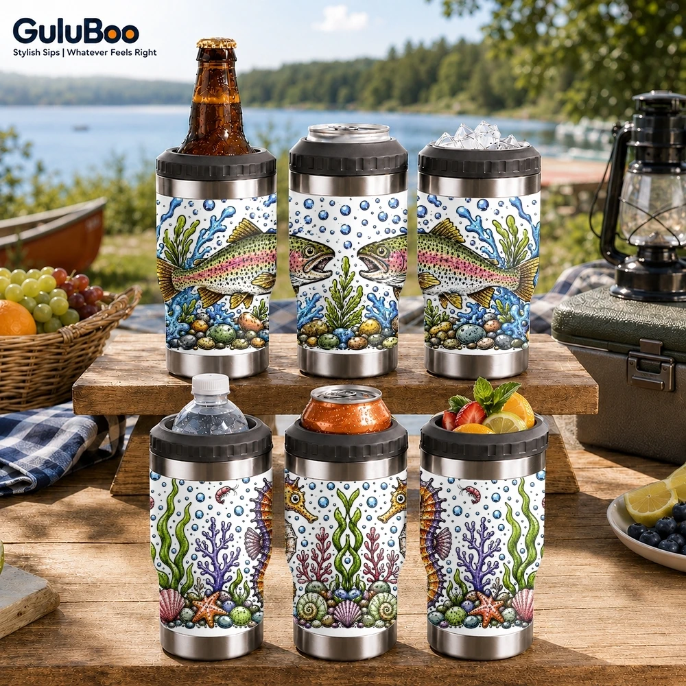 Colorful Ocean Life Vacuum Flasks 4-in-1 Insulated Beer Can Cooler Double-Wall Stainless Steel Coozie Coffee Cup Travel Tumbler