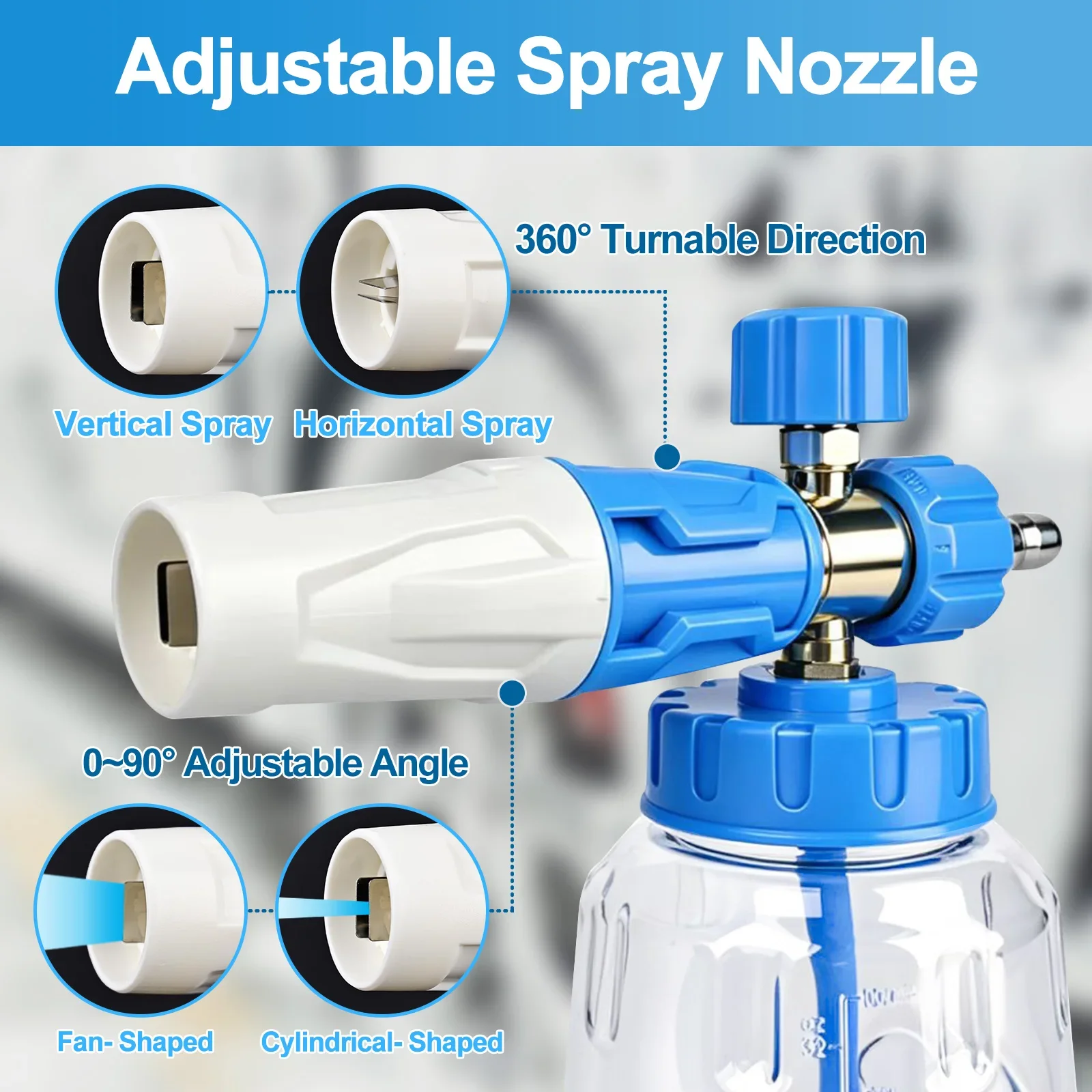 Foam Cannon Foam Generator 1L, Foam Blaster Wide Neck Adjustable Snow Foam Lance for Pressure Washer with 1/4" Quick Connector