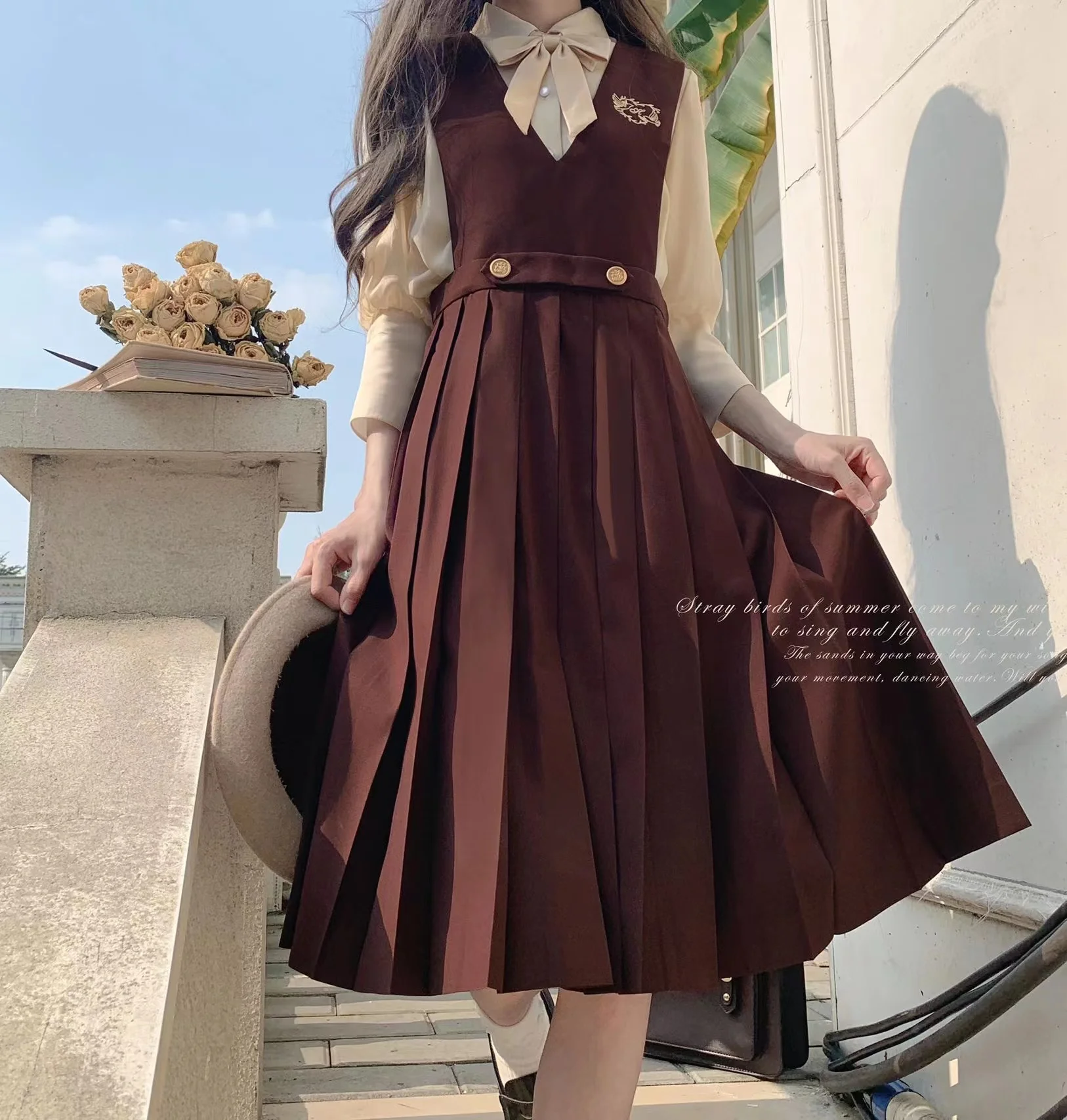 Feminino Chocolate Brown Curto Blazer Suit Mulheres sem mangas Pinafore Vestido Estudantes JK Longo Vestido Plissado Outono Uniforme Escolar