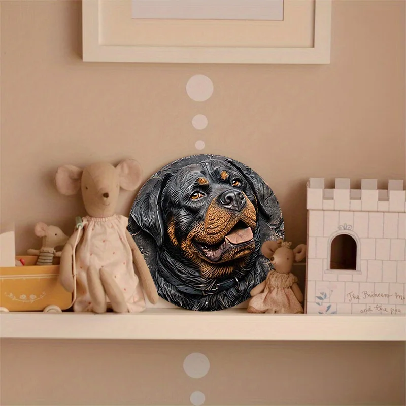 Large Round Aluminum Metal Sign, Decorative Rottweiler Dog Sculpture, Resin Coated, Weather Resistant, Door Hanger, 8x8in, 1PC