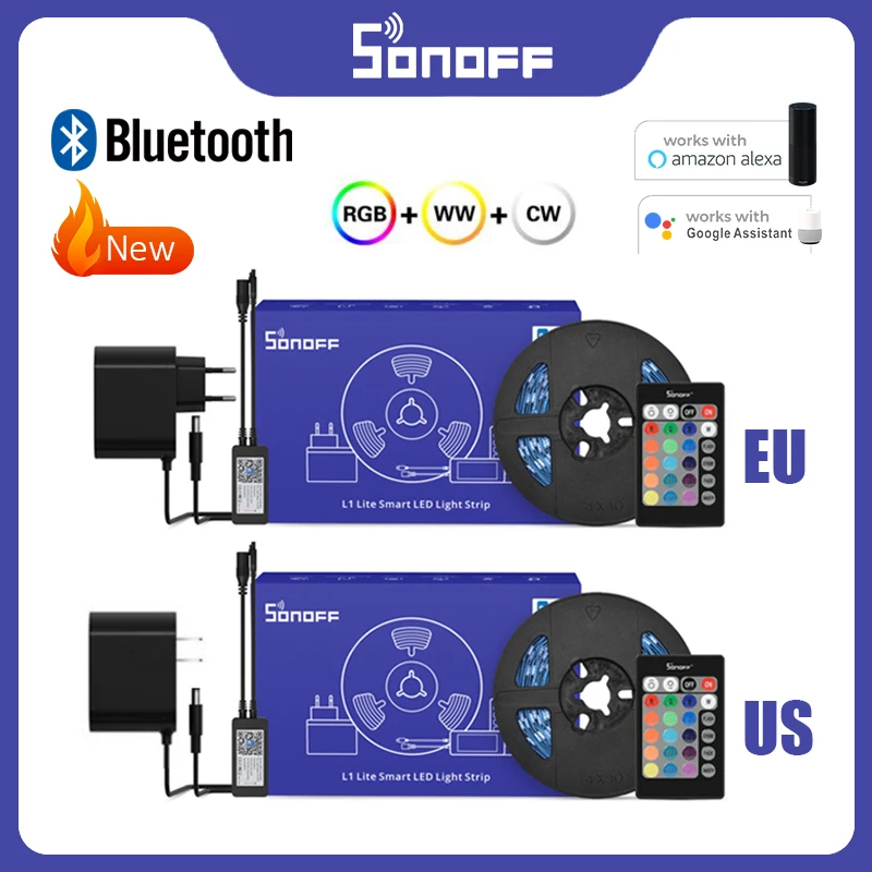 SONOFF-L2 Lite Tira de Luz LED Inteligente, Regulável, UE, EUA, RGB Flexível, Controle Remoto para Aplicativos, Trabalhar com Alexa, 5m