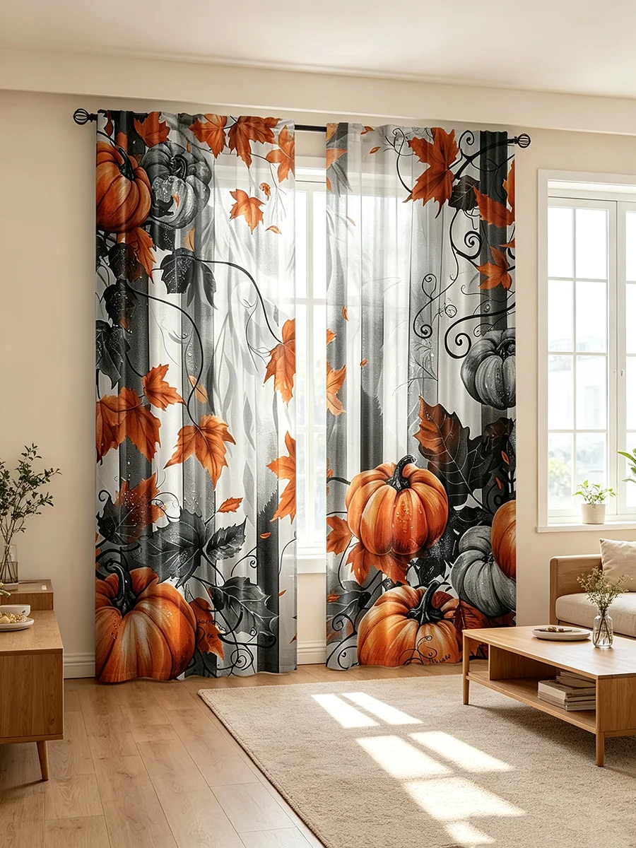 2PCS Digital Printed Curtains, Fall Pumpkin Sunflower Maple Leaf Pattern, Farmhouse Thanksgiving Style for Living Room Bedroom D