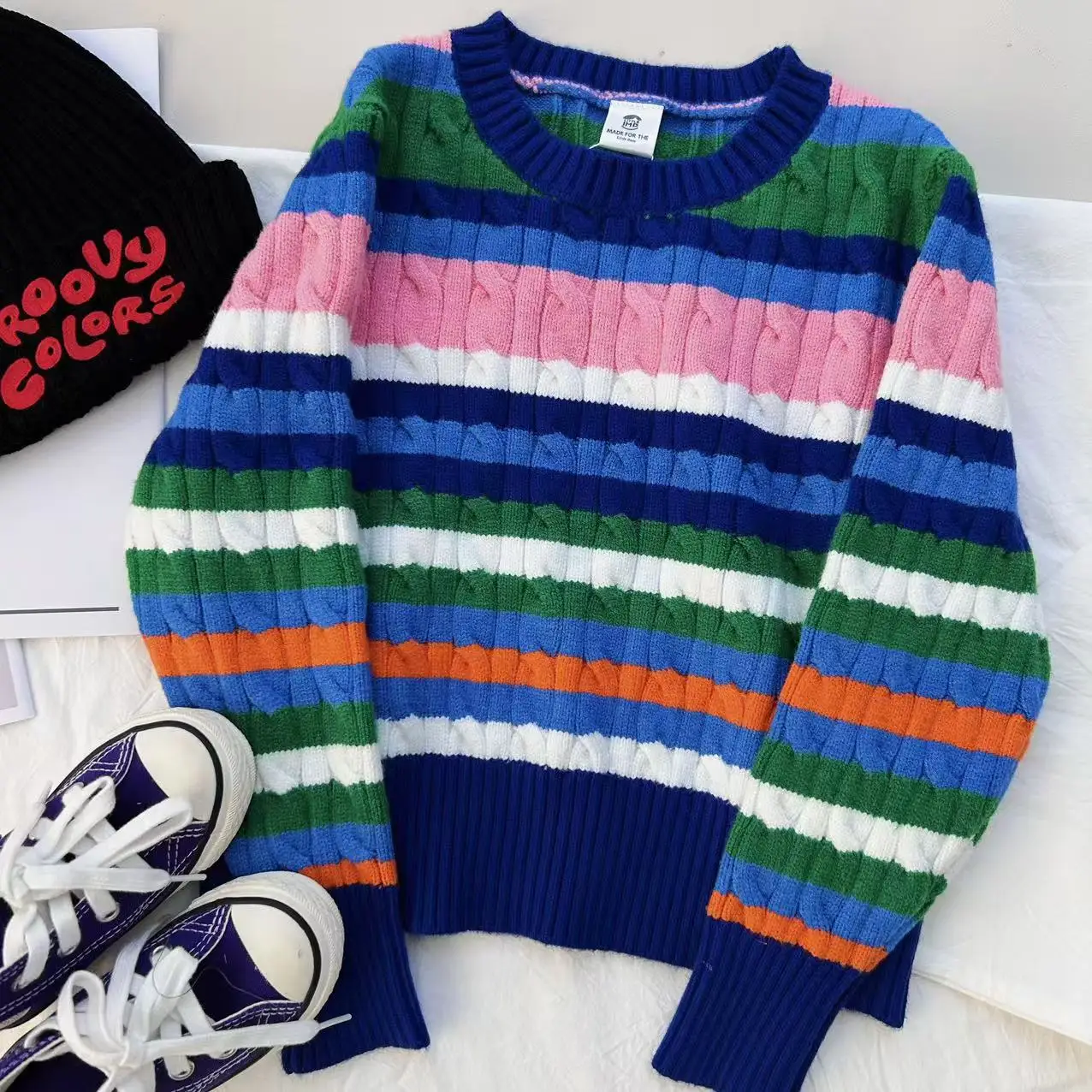 Kids Sweaters 2024 Autumn Winter Boys Girls Cute Stripe Print Cable-Knit Tops Outwear Pullover Clothing