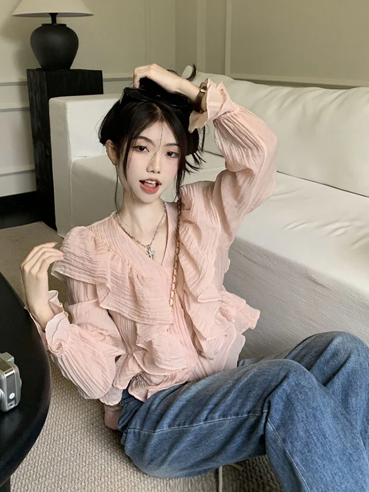 Women New Autumn Spring Crew-neck Ruffle Pleated Puff Long Sleeve Design Blouses Oversize Patchwork Casual Chiffon Over-shirt