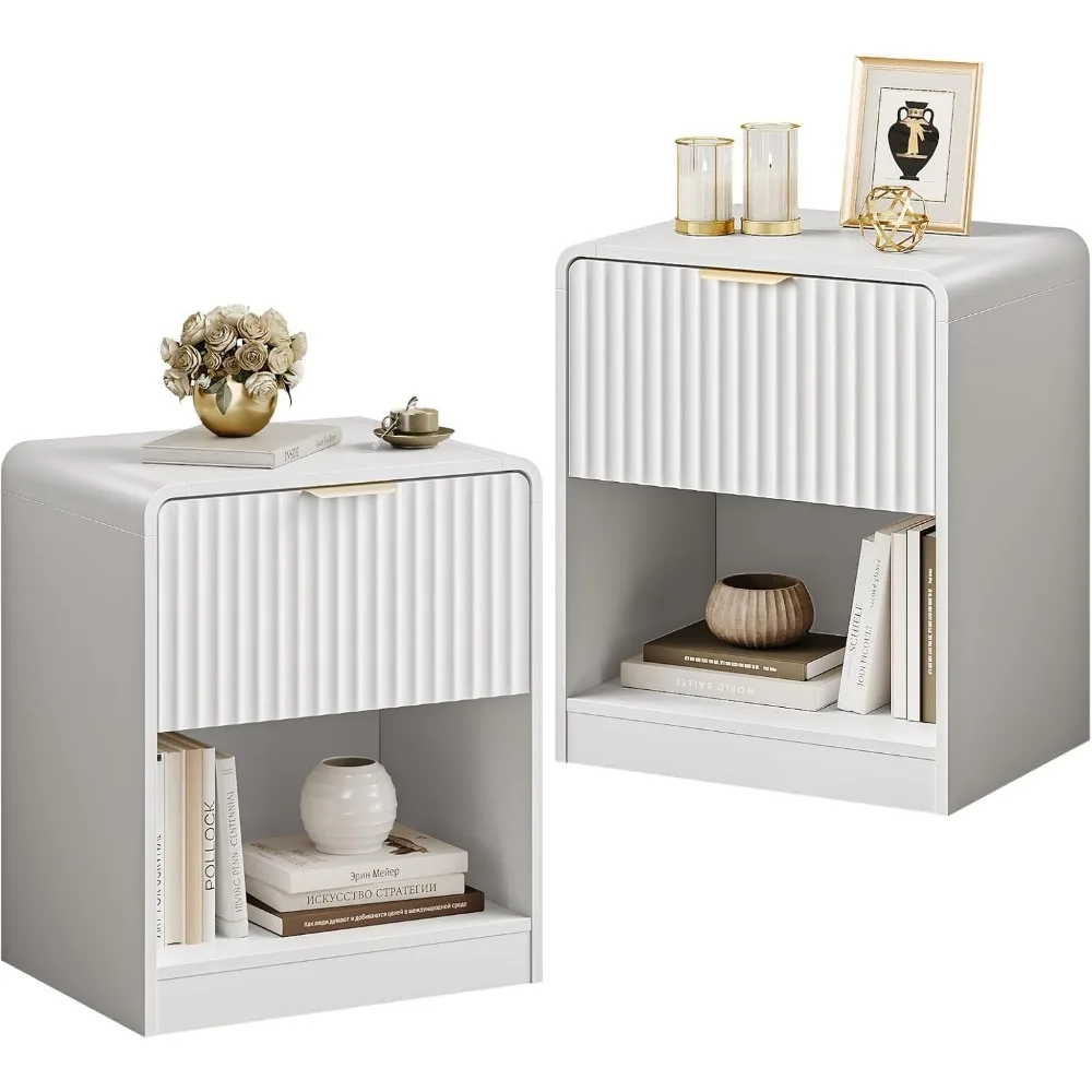 

A set of two bedside tables, bedside table with drawers and gold handles, modern bedside table set of two,white ,