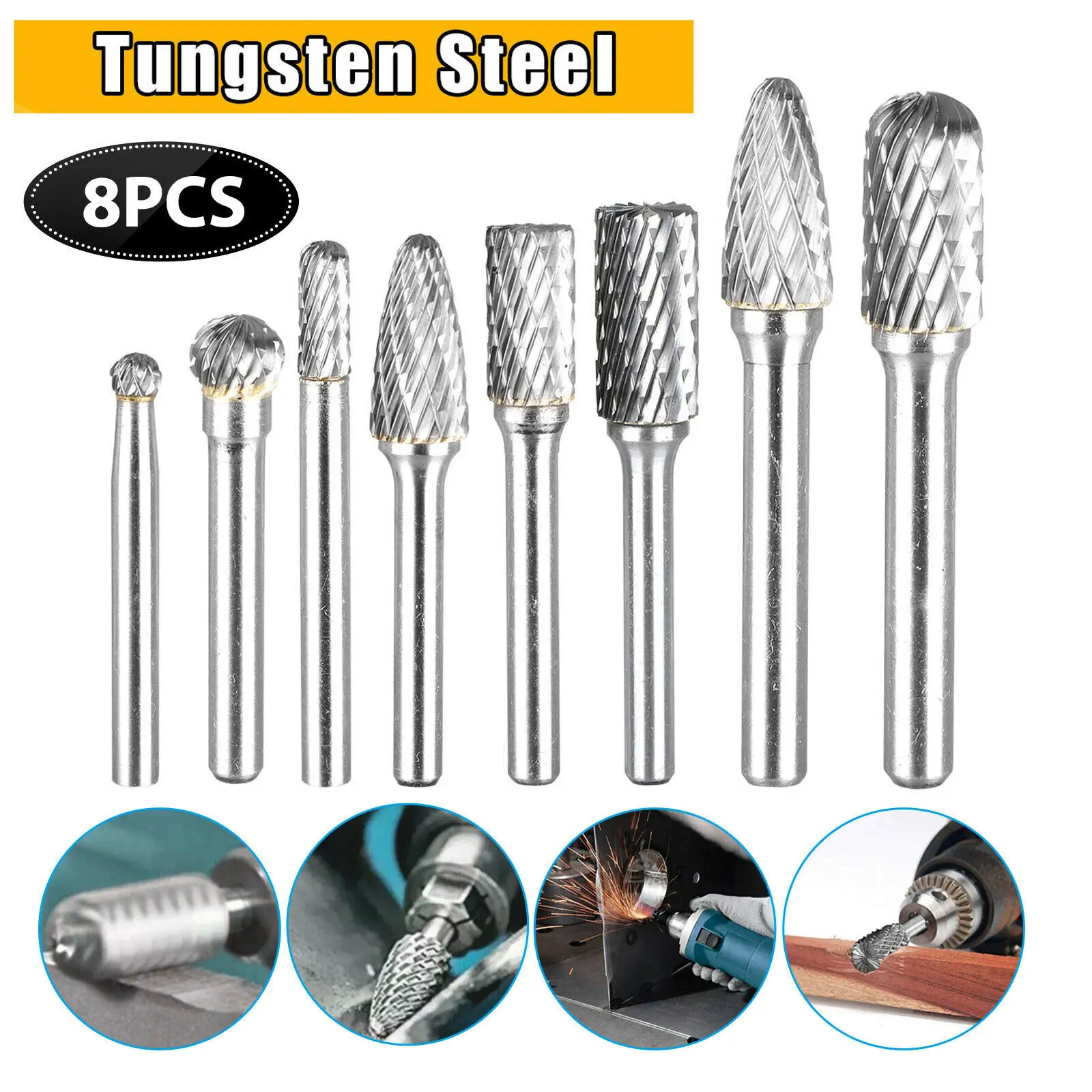 OUIO Tungsten Carbide Burr Bits 8pcs 1/4 Inch 6mm Rotary Files CNC Engraving Tool Set For Power Tool