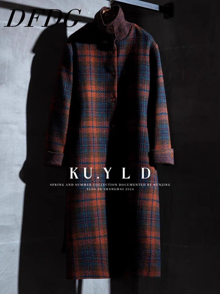 DFDG Cappotto scozzese in lana a blocchi di colore vintage elegante da donna 2025 Cappotto autunnale con colletto alla coreana monopetto invernale con cintura oversize