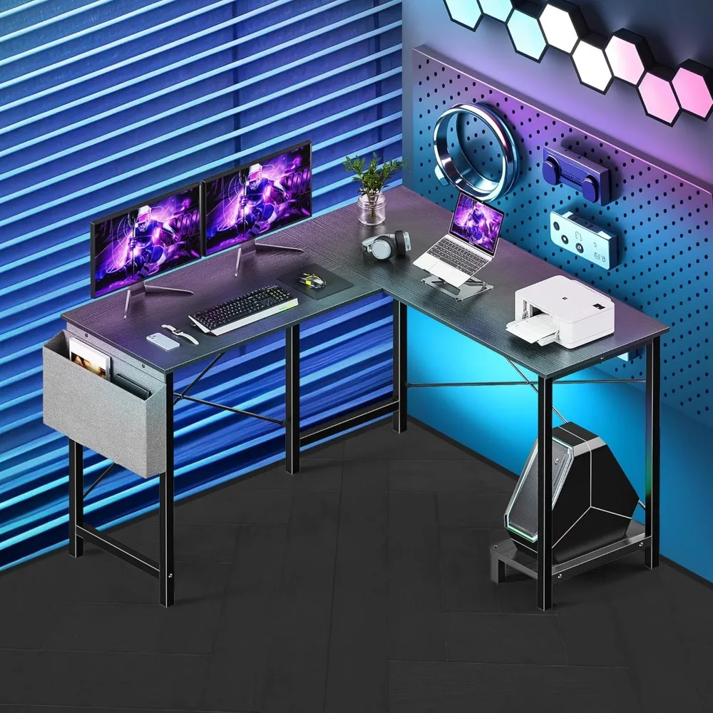 مكتب كمبيوتر زاوية قابل للعكس على شكل حرف L مقاس 50 بوصة مع سطح طاولة خشبي وإطار معدني وحامل وحدة المعالجة المركزية وحقيبة جانبية للألعاب والعمل والدراسة