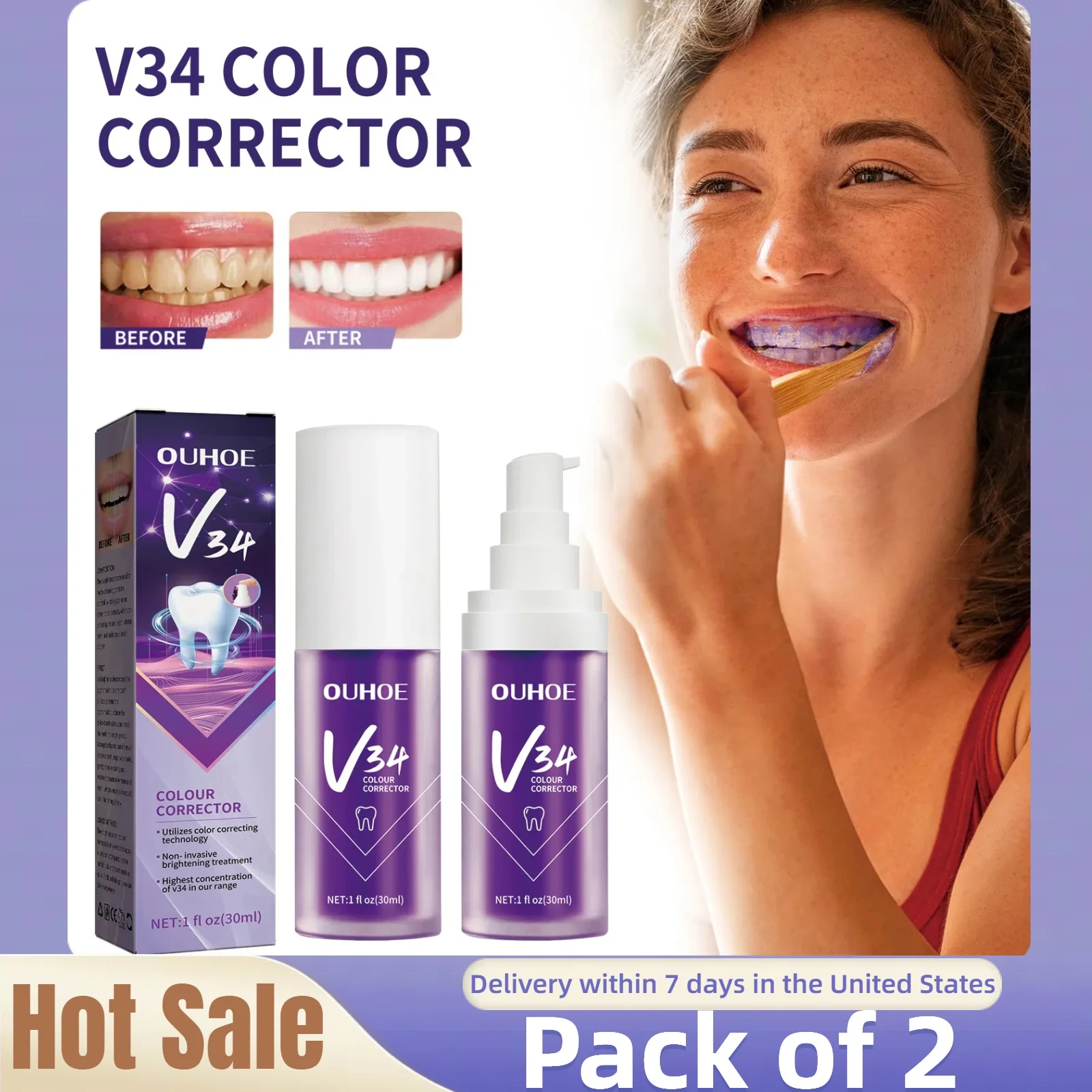 2pcs V34 Purple Toothpaste Removes Tartar, Cleans Oral Hygiene, Freshens Breath, Brightens Teeth Care Products