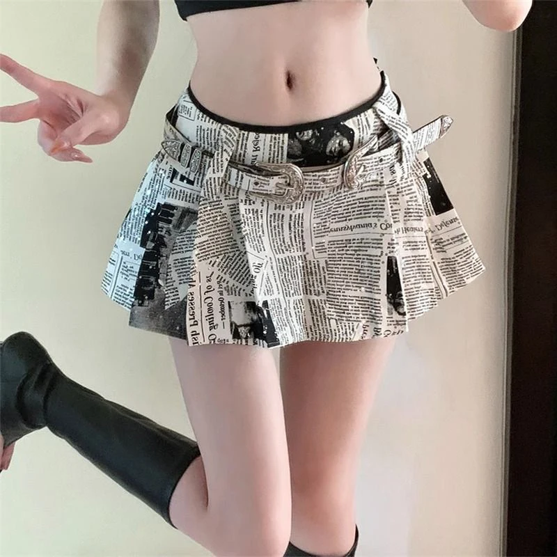 MEXZT Vintage Print Mini Skirt Women Y2K 2000S Low Rise Pleated Skirts Summer Harajuku Korean Casual All Match A Line Skirt New