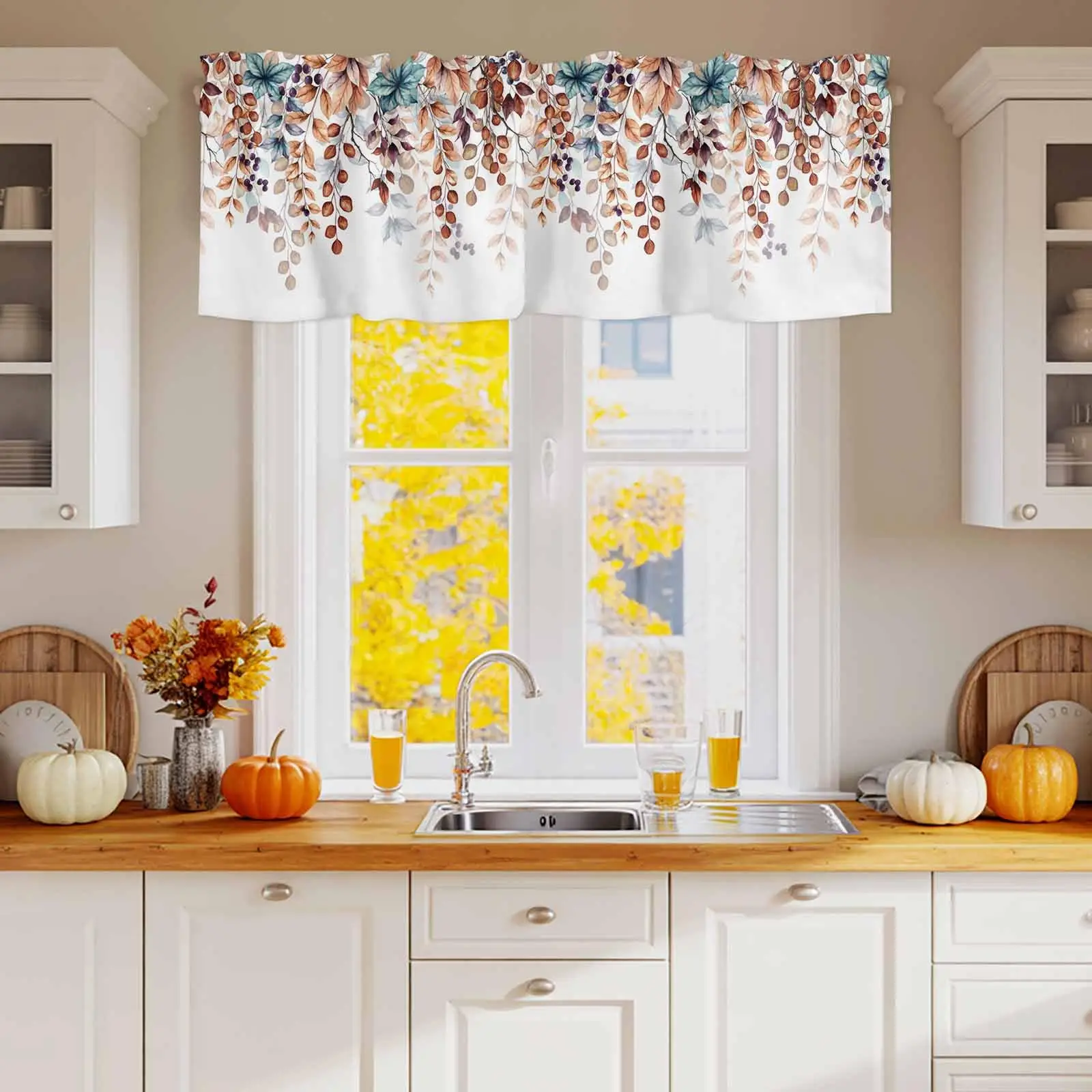 Fall Eucalyptus Maple Leaves Valance Polyester Orange Autumn Short Window Treatment 1 Panel Thanksgiving Decor for Kitchen