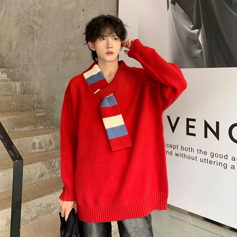 Winter Red Scarf Sweater Men Warm Fashion Casual Knitted Pullover Men Korean Loose Long Sleeved Sweater Mens Jumper Clothes
