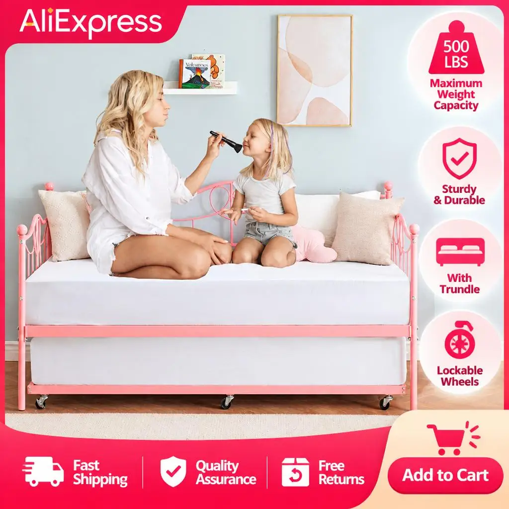 Space-Saving 2-in-1 Twin Metal Daybed with Pull-Out Trundle - Steel Slat Support, Vintage Headboard, No Box Spring Needed - Twin