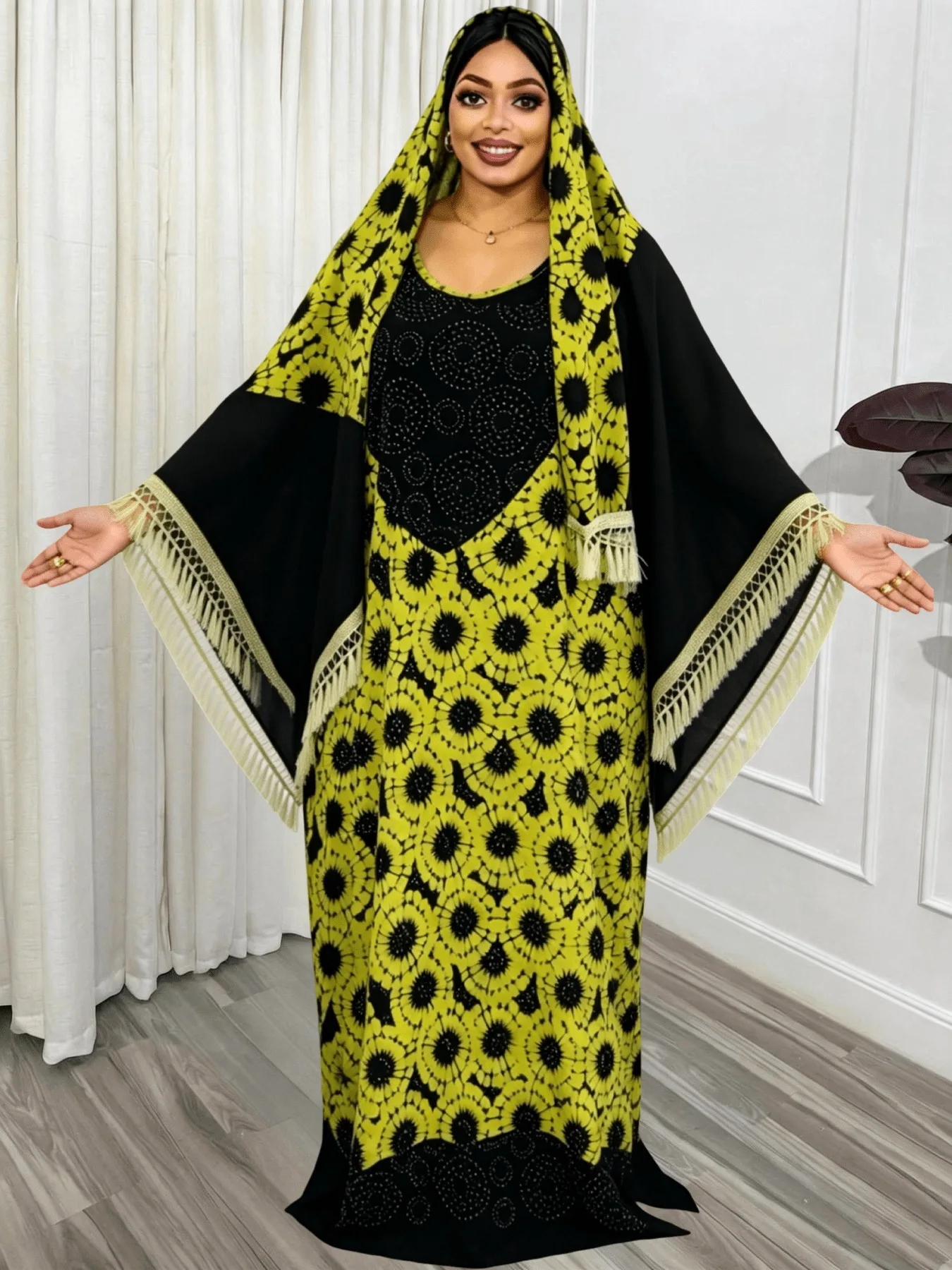

Rhinestone Decorated Plus Size Middle Eastern Traditional Abaya Traditional Printed Large Size Arab Robe Plus Size African