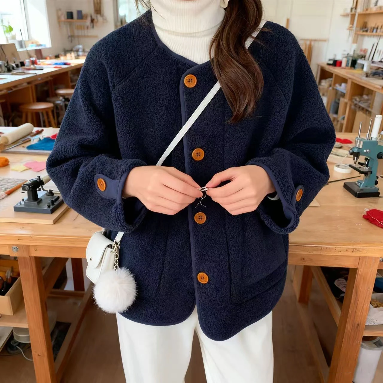 معطف نسائي للخريف والشتاء معطف أنيق من جلد البقر محاكاة كسول Sle دفء من الجلد والفراء طويل Sve بأزرار لأعلى