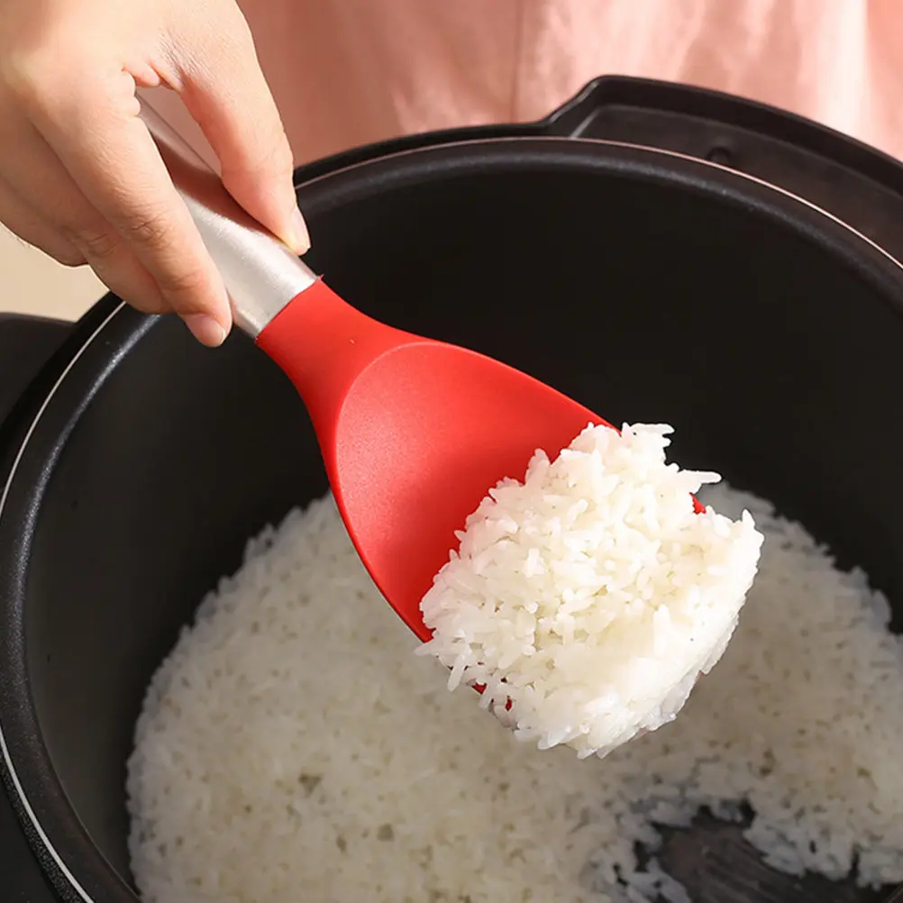 1Pcs Stainless Steel Silicone Rice Spoon Long Handle Heat Resistant Non-Deform Hanging Hole Design for Home Kitchen