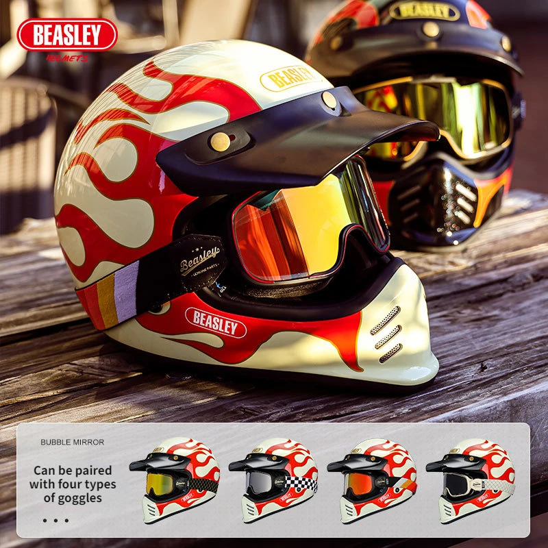 

Beasley Vintage Full Face Helmet Motorcycle De Moto DOT ECE Approved Capacete Jet Helmet Motorbike All Seasons