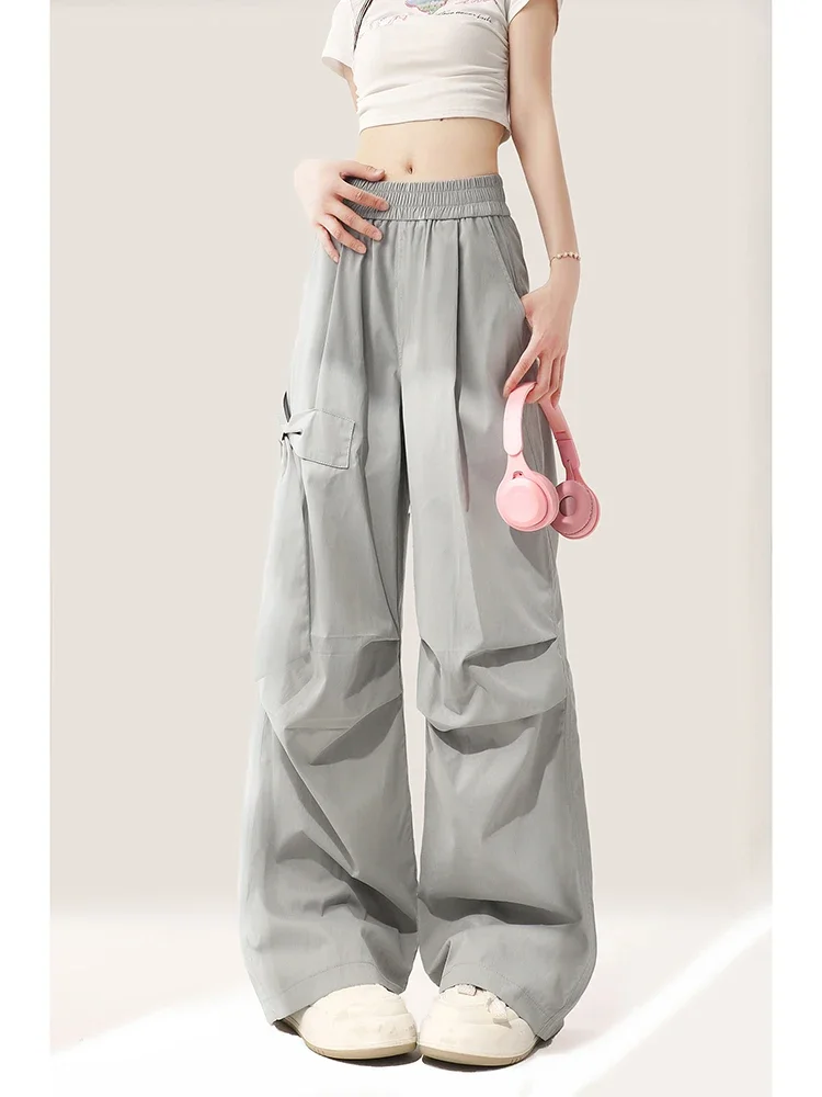 Light Grey Bow Baggy Cargo Pants Women Vintage Y2k Harajuku Aesthetic Parachute High Waist Trousers 2000s Trashy Pantalons