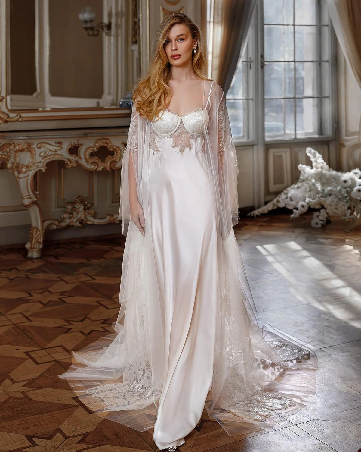 Leisure Sheer Lace Women's Robe V-Neck Stain Silk Appliques Plush Lock Nightgown Lady Party Sleepwear Evening Dress Customized