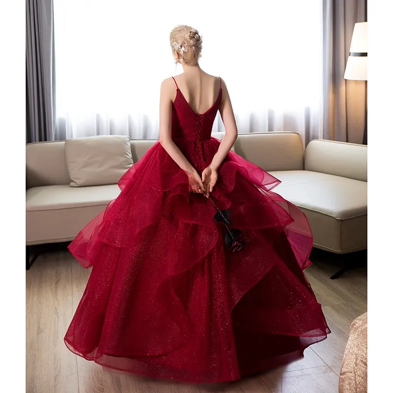 Robe de Quinceanera à bretelles spaghetti rouge vin, robe de Rhà col en V, robe de soirée personnalisée, nouveau, 2024