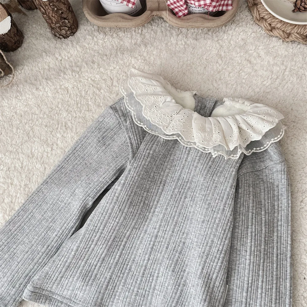 2024 Winter New Baby Fleece Warm Tops Solid Infant Girls Lace Collar Ribbed Bottoming Shirts Plus Velvet Thick Toddler Clothes