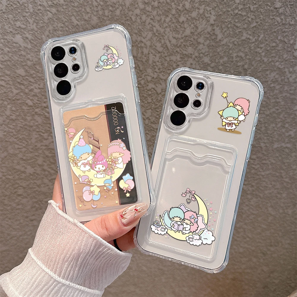 Cute little twin star Card Hold Phone Case For Samsung S24 S23 S22 S21 S20 FE Plus Ultra M33 M53 M54 5G Anti-fall Clear Cover